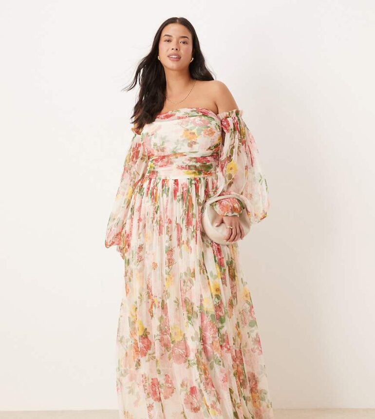 Lace & Beads Plus tulle ruffle maxi dress in bright floral-Multi