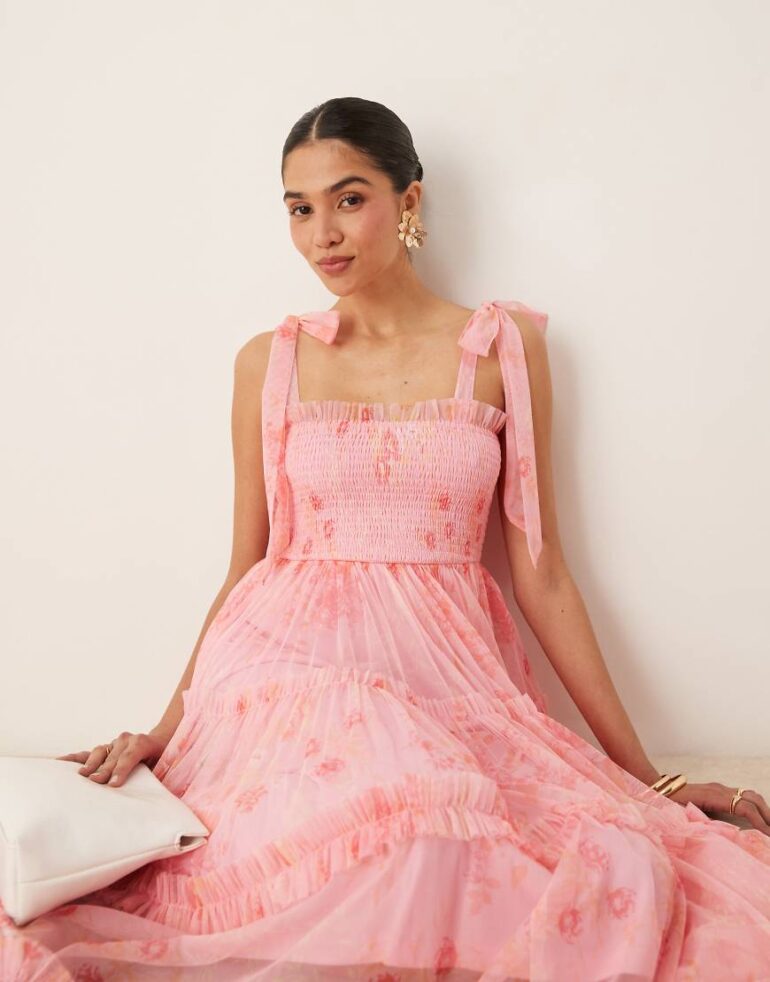 Lace & Beads bow shoulder shirred ruffle midi dress in pink floral