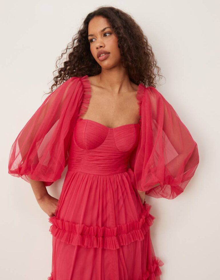Lace & Beads corset balloon sleeve ruffle maxi dress in bright fuchsia-Pink