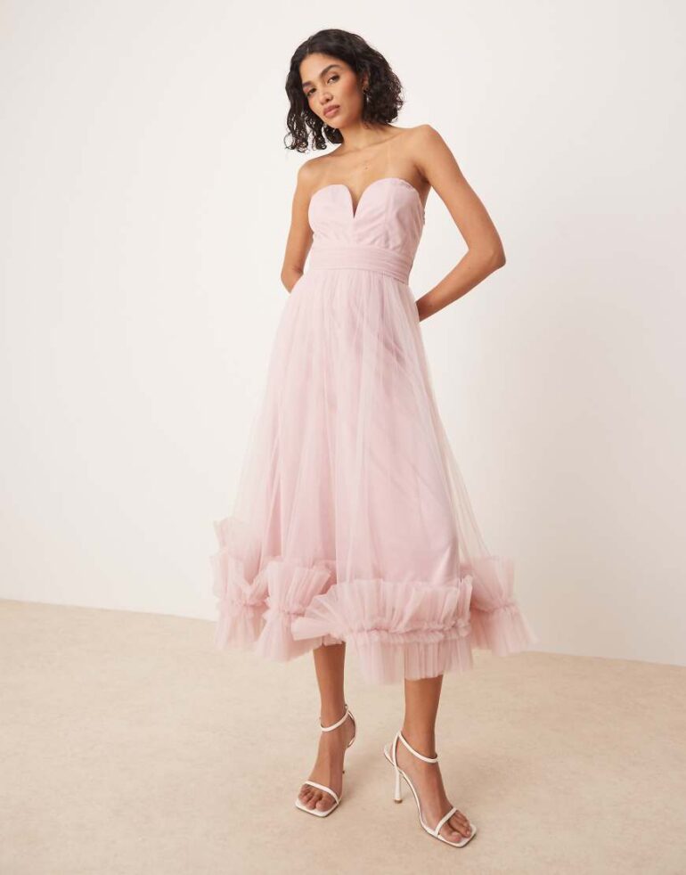 Lace & Beads corset tulle ruffle hem midaxi dress in powder pink