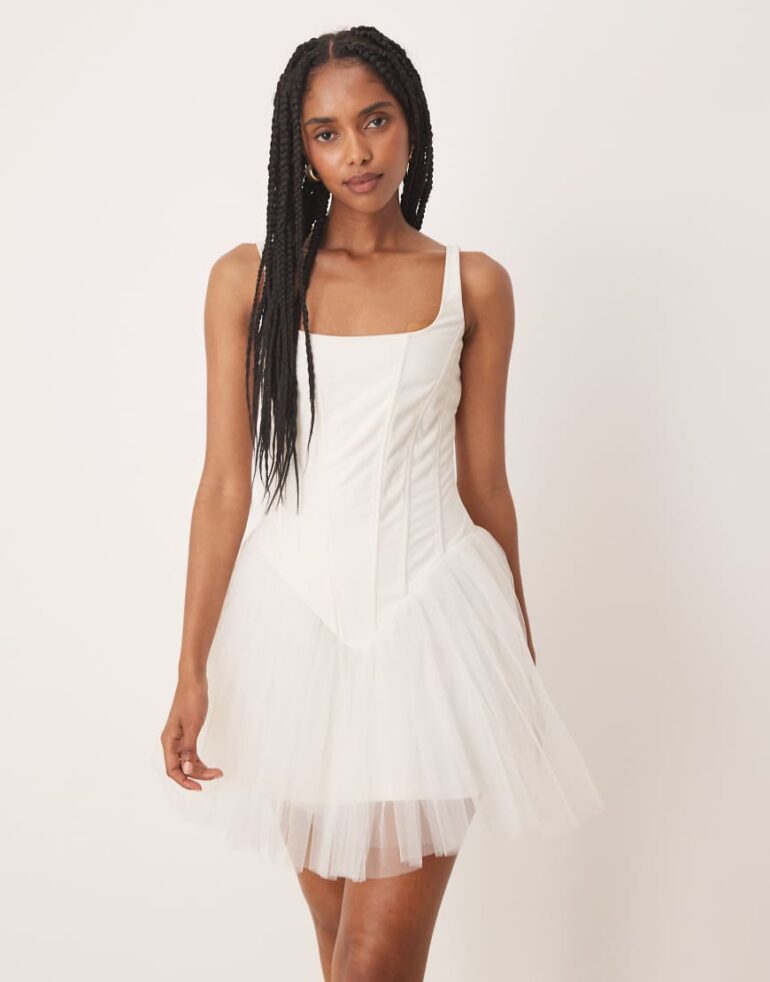 Lace & Beads drop waist corset detail mini dress in butter cream-White