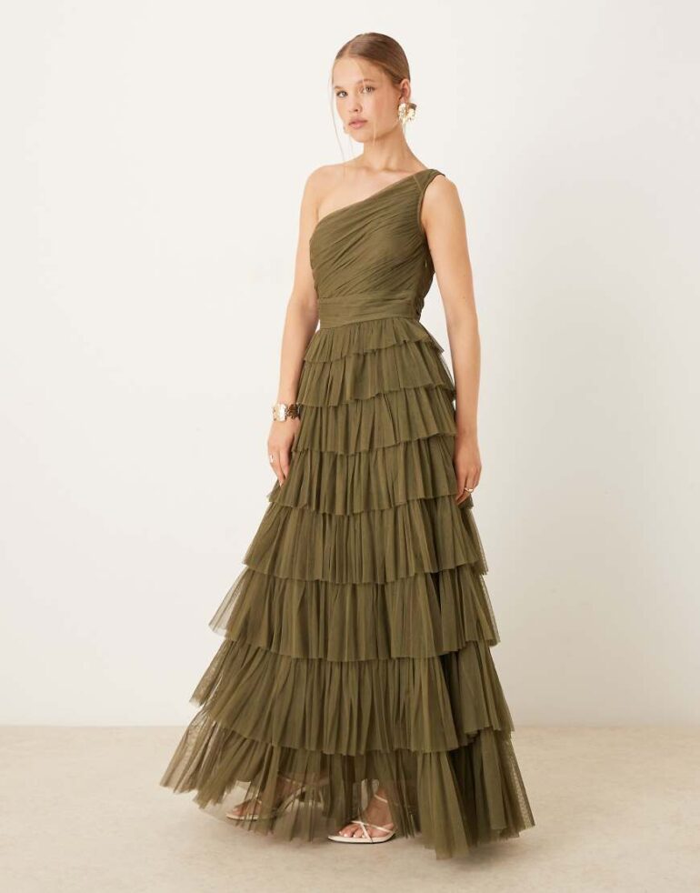 Lace & Beads one shoulder tiered tulle maxi dress in deep olive-Green