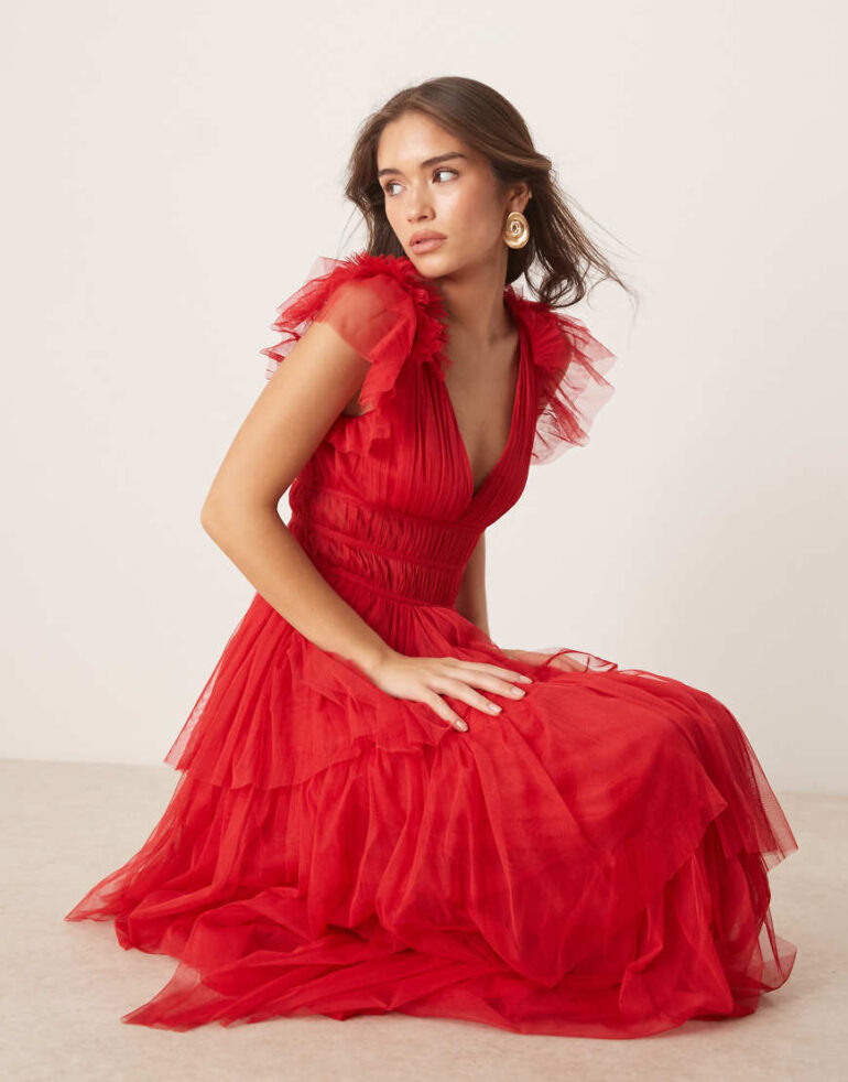 Lace & Beads ruffle shoulder tiered maxi dress in cherry red