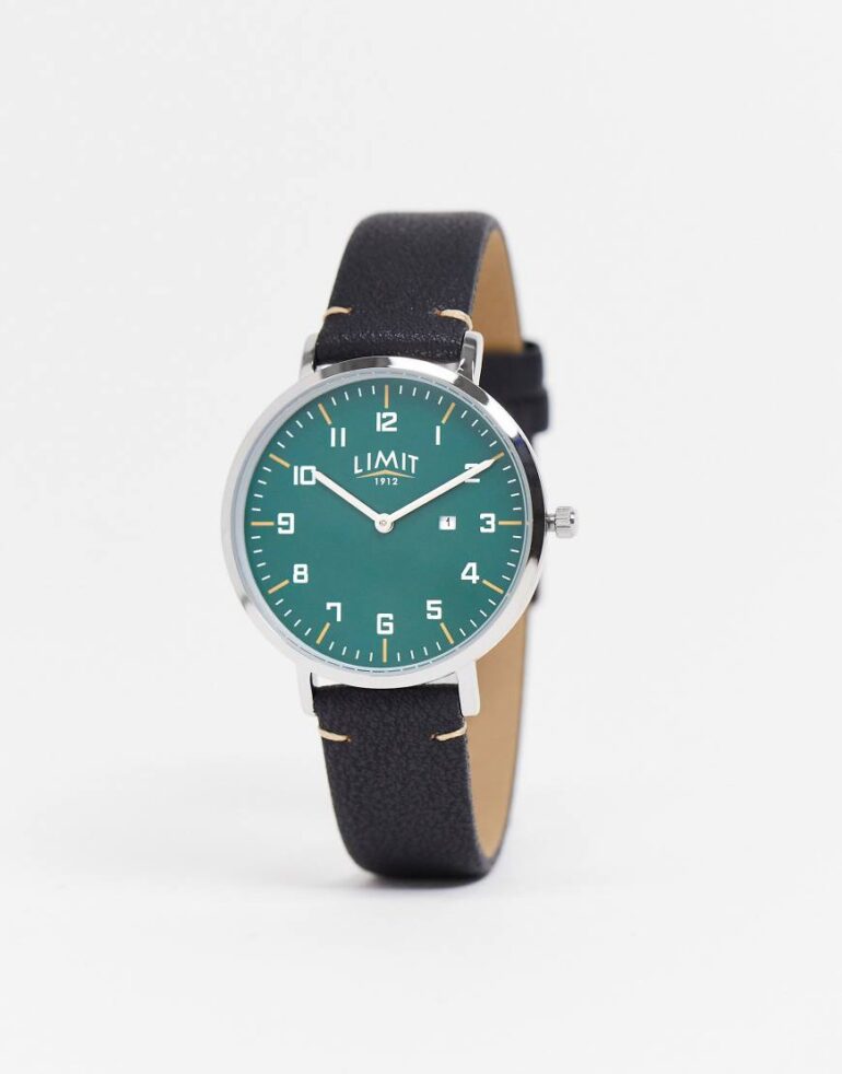 Limit faux leather watch in black with green dial