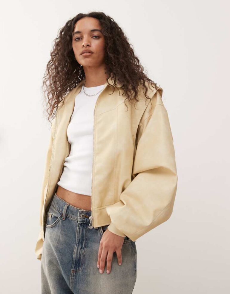 Lioness exclusive Vista leather look contrast stitch bomber jacket in soft lemon-Yellow