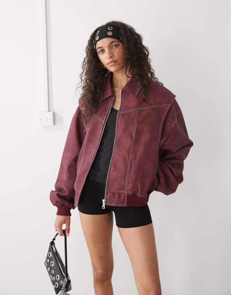 Lioness exclusive Vista leather look contrast stitch bomber jacket in wine red