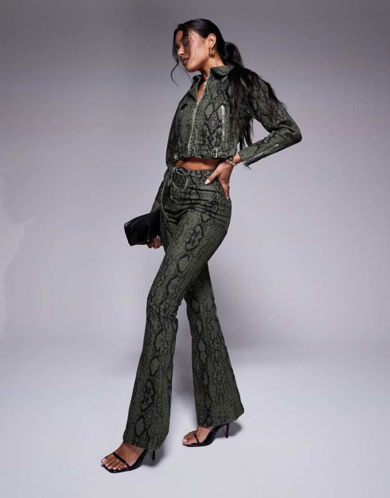 Liquor N Poker high rise flared trouser co-ord in khaki snake print-Green