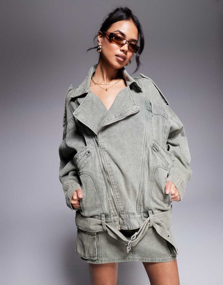 Liquor N Poker oversized denim biker jacket in washed khaki-Green