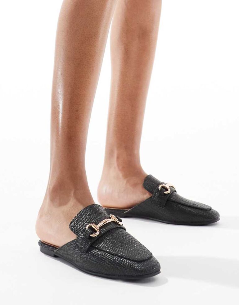 London Rebel buckle loafer mule in raffia black