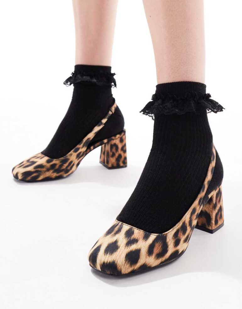 London Rebel sling back block heeled mules in patent leopard-Multi