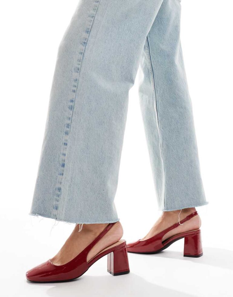London Rebel sling back block heeled mules in patent red