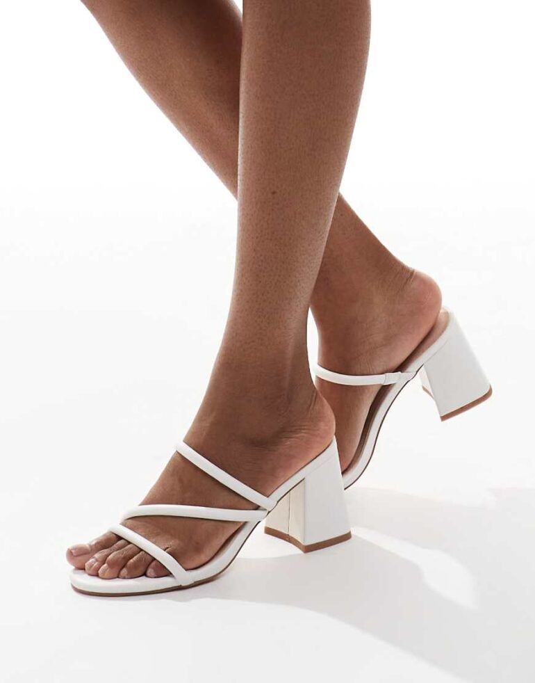 London Rebel strappy block heeled slip on sandals in white