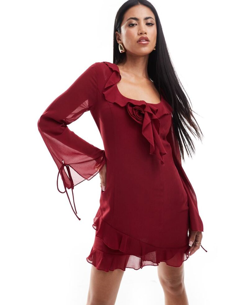 Love Triangle chiffon mini dress with corsage detail in merlot-Red