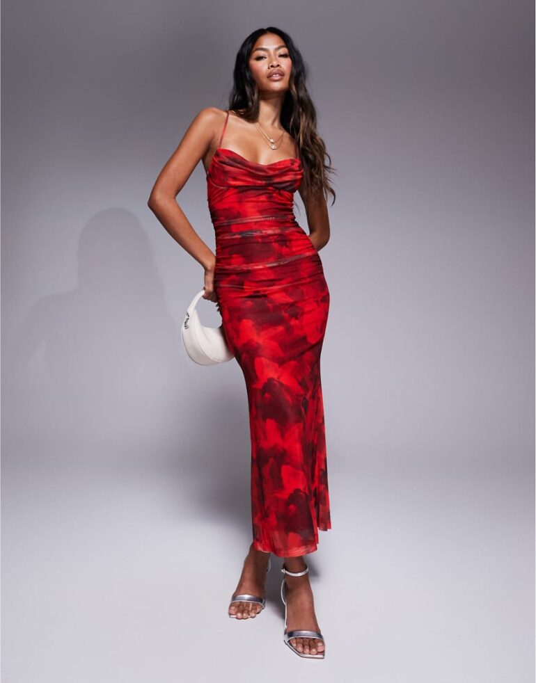 Love Triangle cowl neck mesh maxi dress in red rose print