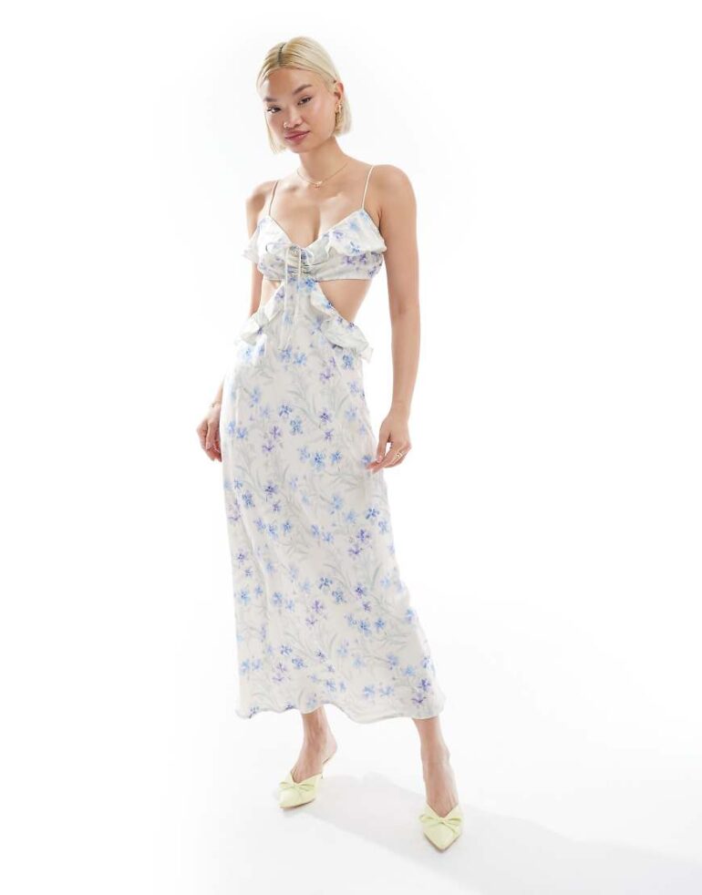 Love Triangle cut-out frill maxi dress in blue floral-Multi