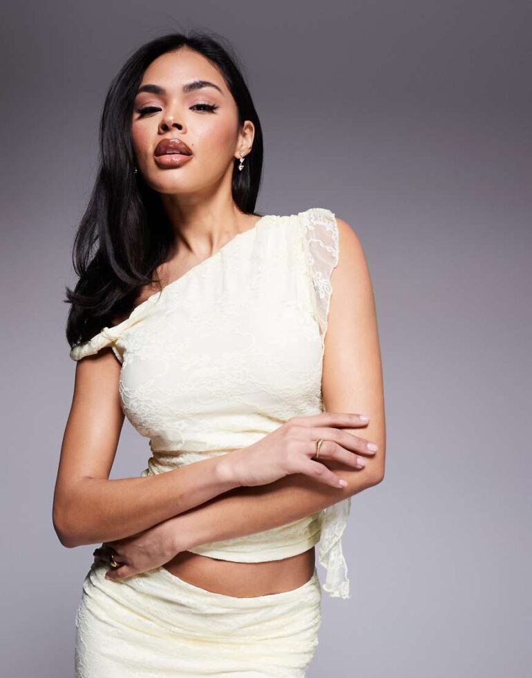 Love Triangle lace asymmetric top co-ord in lemon-Yellow
