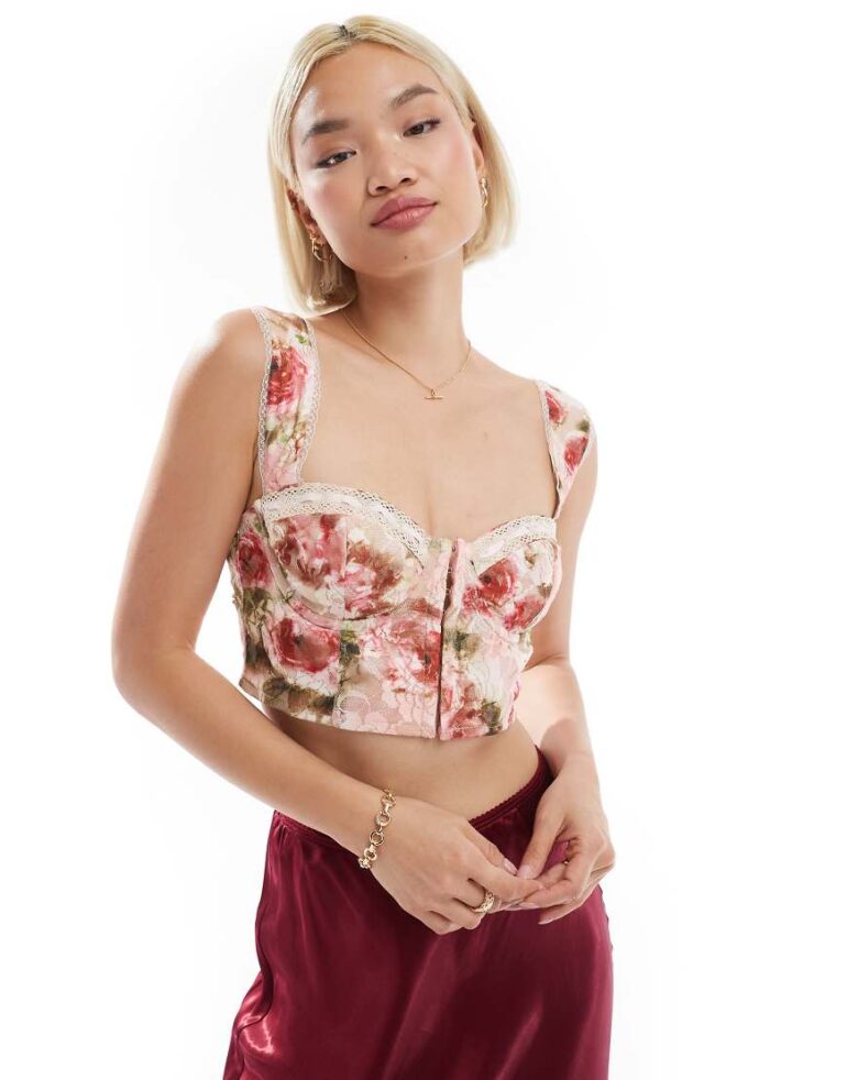 Love Triangle lace corset with ribbon trim in pink floral-Multi