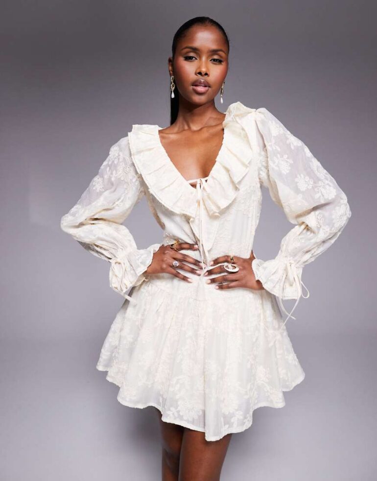 Love Triangle ruffle detail lace drop waist mini dress in vintage cream-White