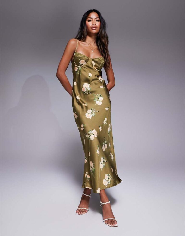 Love Triangle satin maxi dress with lace trim cups in dark olive floral-Green
