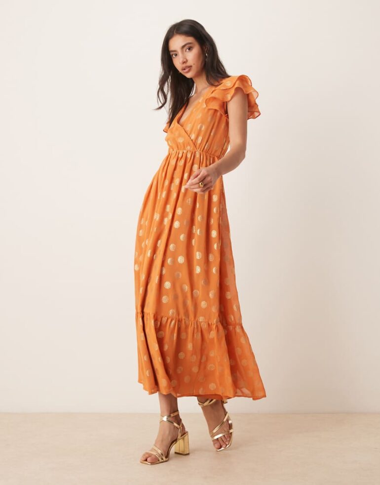 Lovedrobe V neck & flutter sleeve metallic midi dress in orange