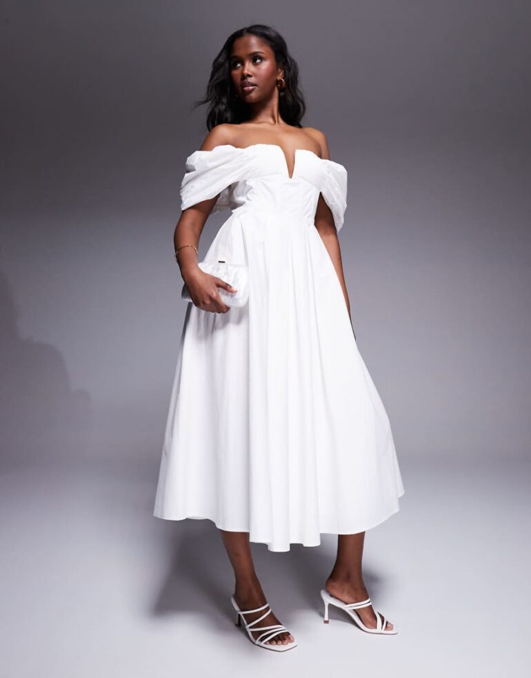 Lulu's bardot cotton poplin midi dress in ivory-White