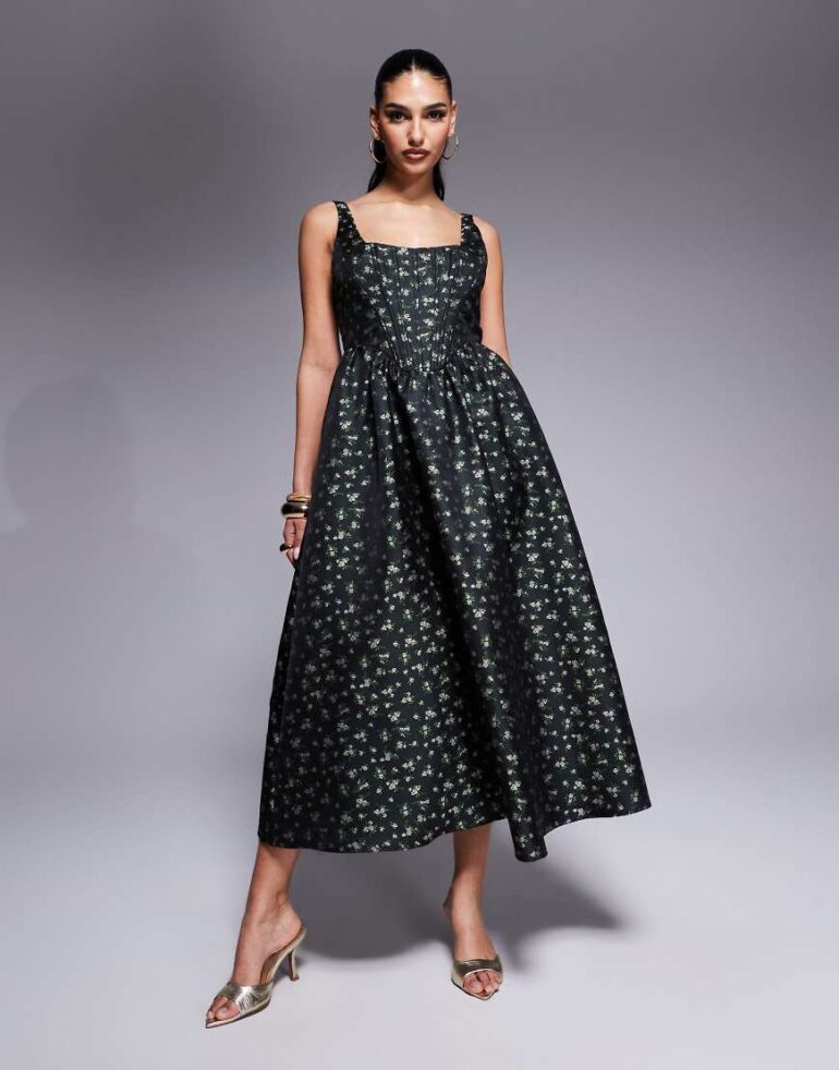 Lulus bustier jacquard midi dress in deep green floral