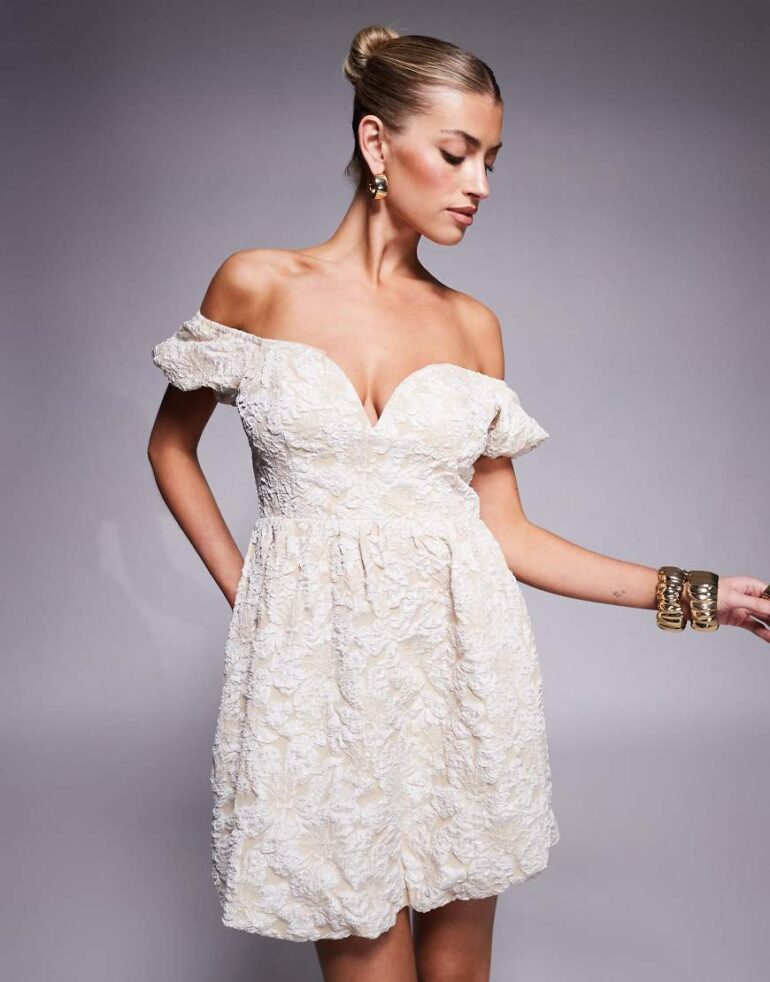 Lulu's off shoulder puff sleeve jacquard mini dress in ivory-White
