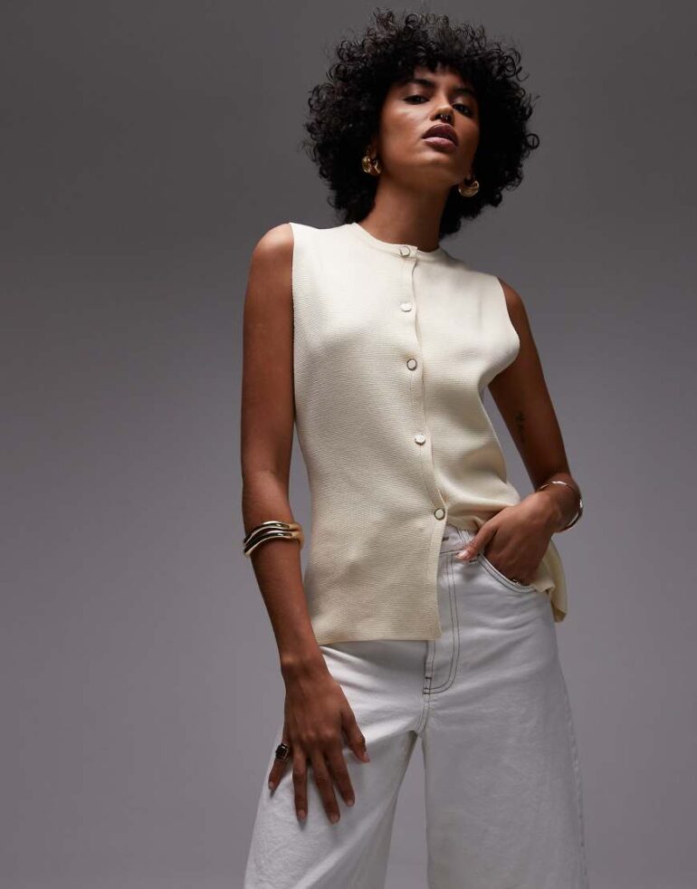 Mango button through knitted waistcoat in ecru-White