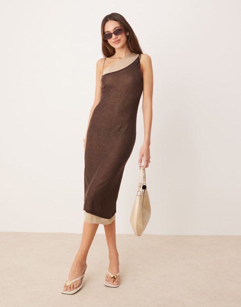 Mango capsule sheer 2 in 1 cami dress in chocolate-Brown