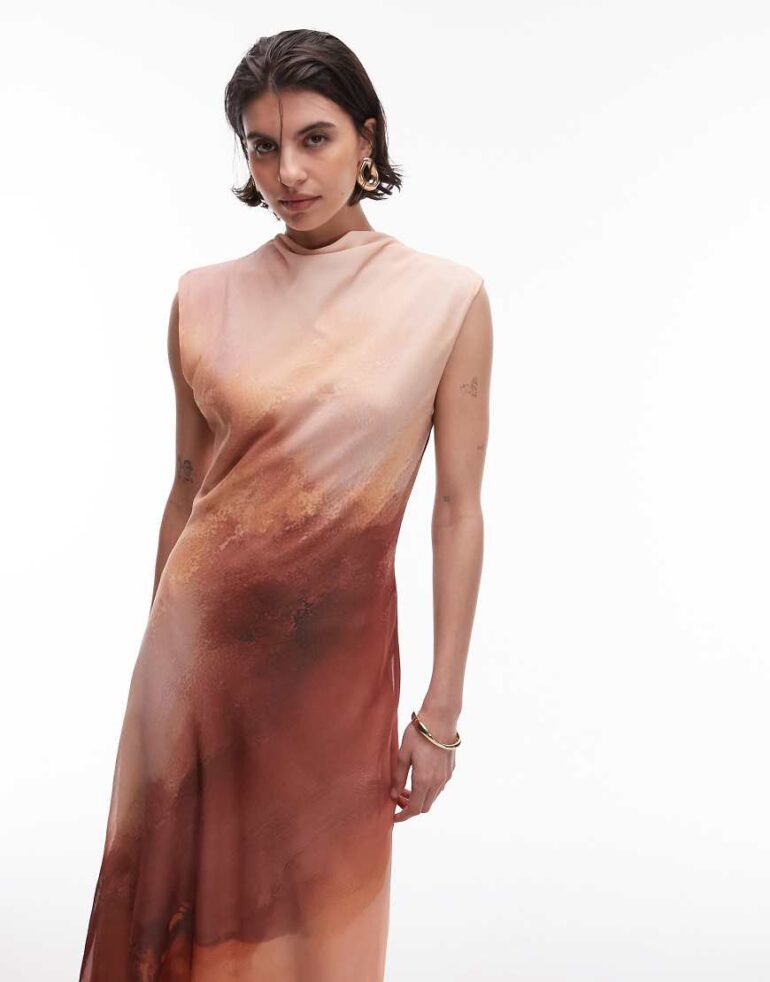 Mango chiffon midi dress in pink ombre print