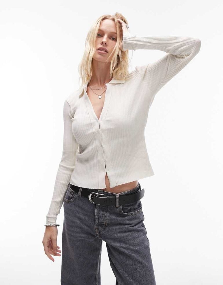 Mango clasp detail deep v-neck jumper in white