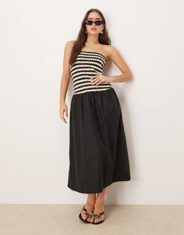 Mango cotton crochet stripe bodice midaxi dress in black