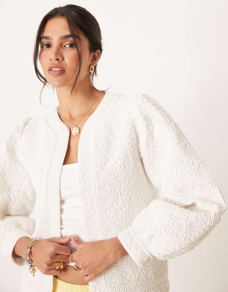 Mango cotton embroidered collarless jacket with puff sleeves in white