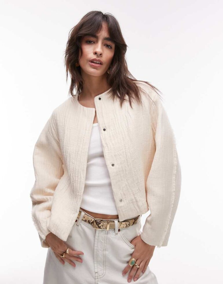 Mango cotton structured drop shoulder jacket in off white