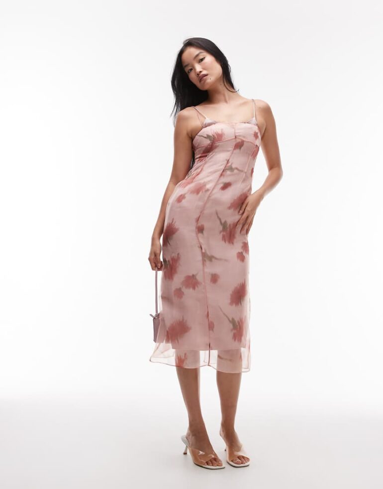 Mango double layered v-neck midi dress in pastel pink
