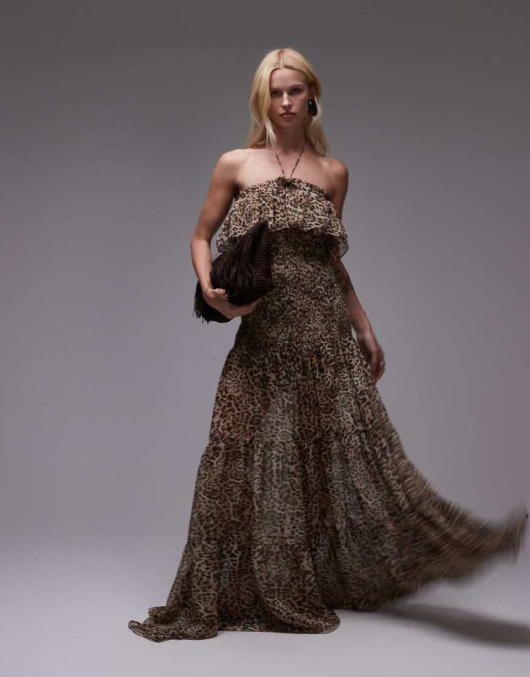 Mango featuring Kaia Gerber bandeau chiffon maxi dress in leopard print-Brown
