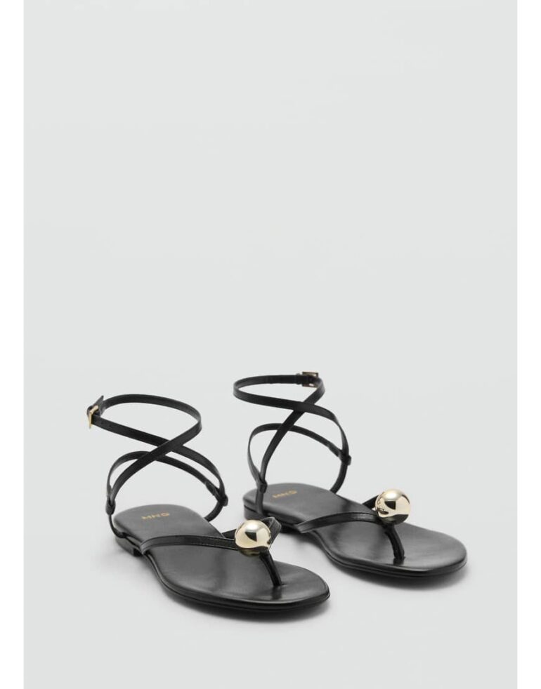 Mango featuring Kaia Gerber flat leather sandal with cross strap in black