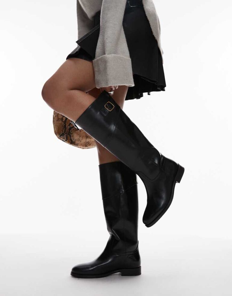 Mango leather knee length boots with buckle in black