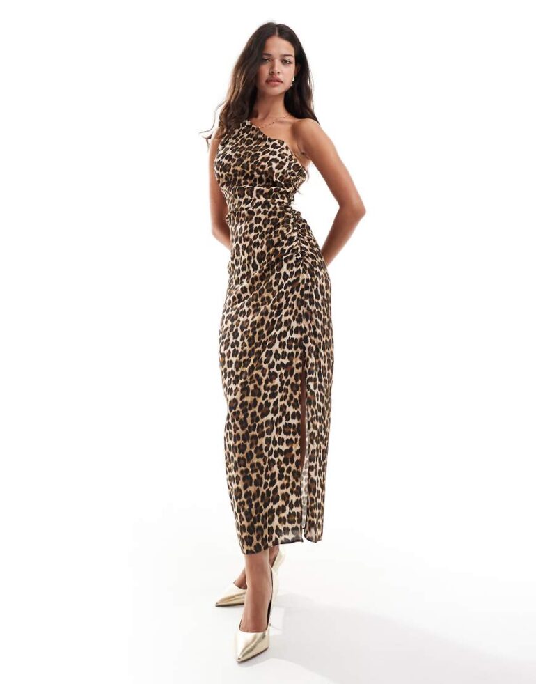 Mango one shoulder midi dress in leopard print-Brown