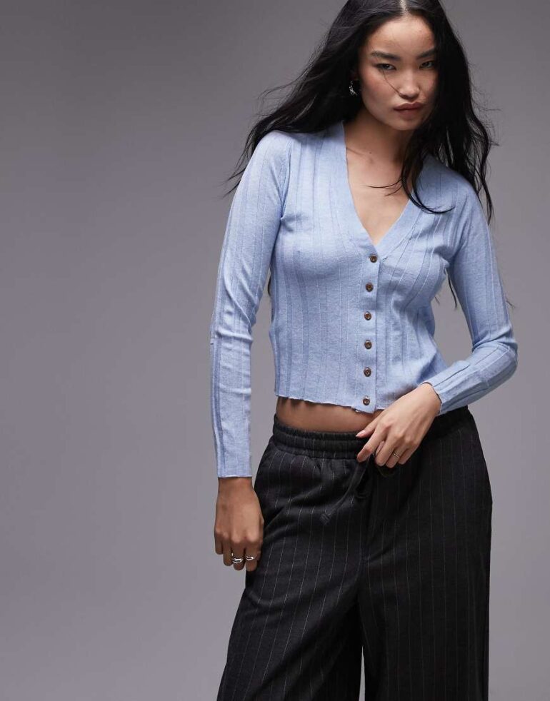 Mango ribbed button down cardigan in light blue