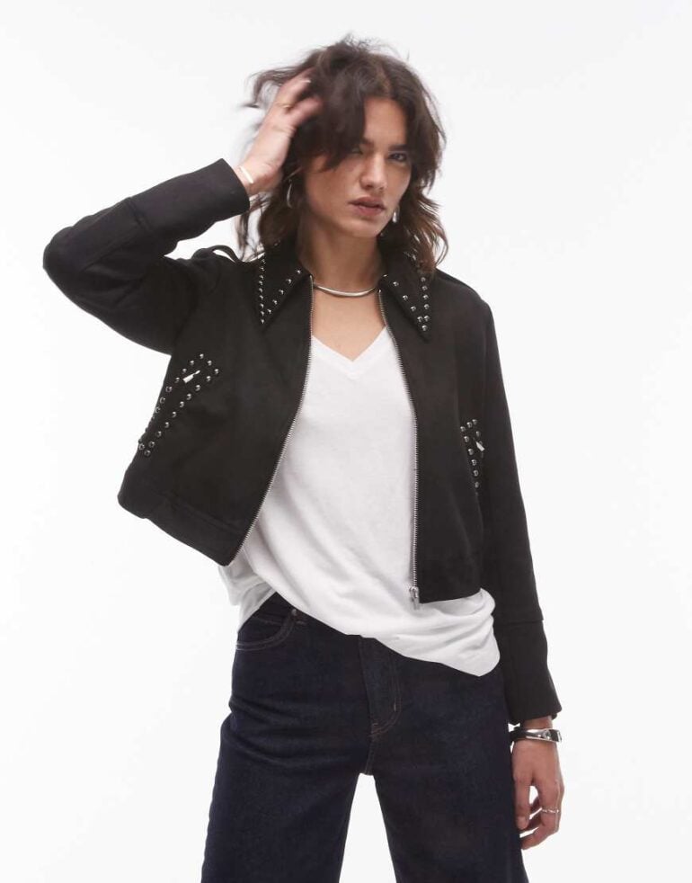 Mango studded collar western jacket in black