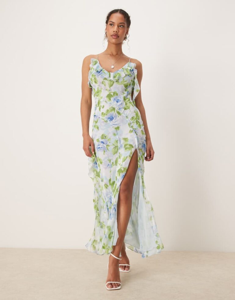 Mango v-neck ruffle botanical printed dress with side split in pale blue