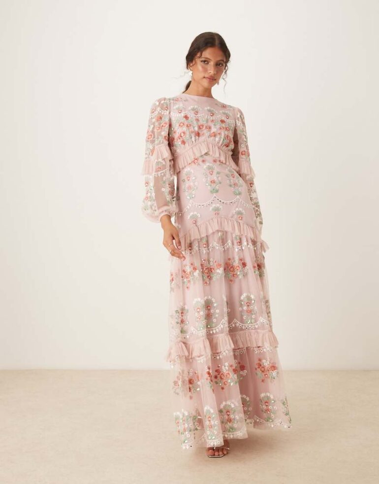 Maya Embroidered long sleeve maxi dress in pale peach-Orange