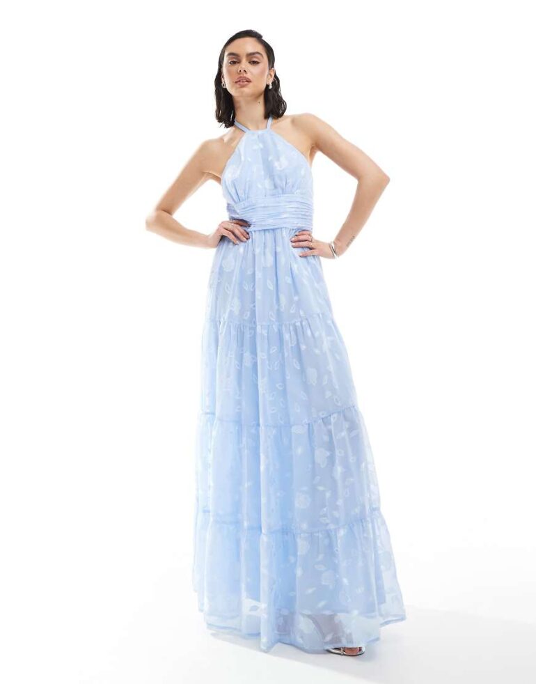 Maya Floral self-tie halter neck maxi dress in light blue