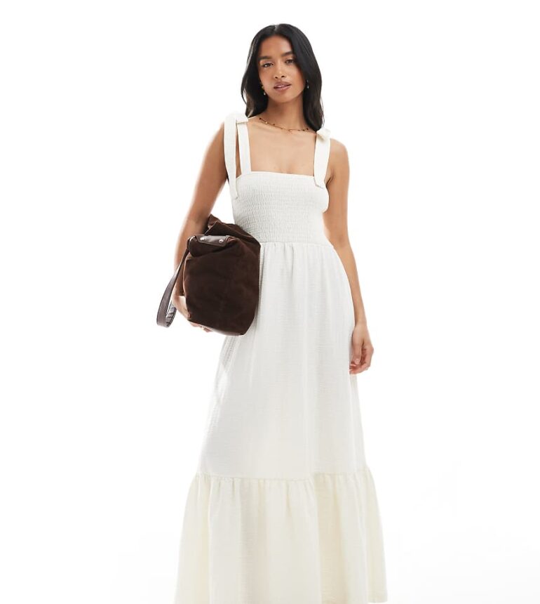 Miss Selfridge Petite seersucker tie shoulder tiered maxi dress in vanilla-Multi