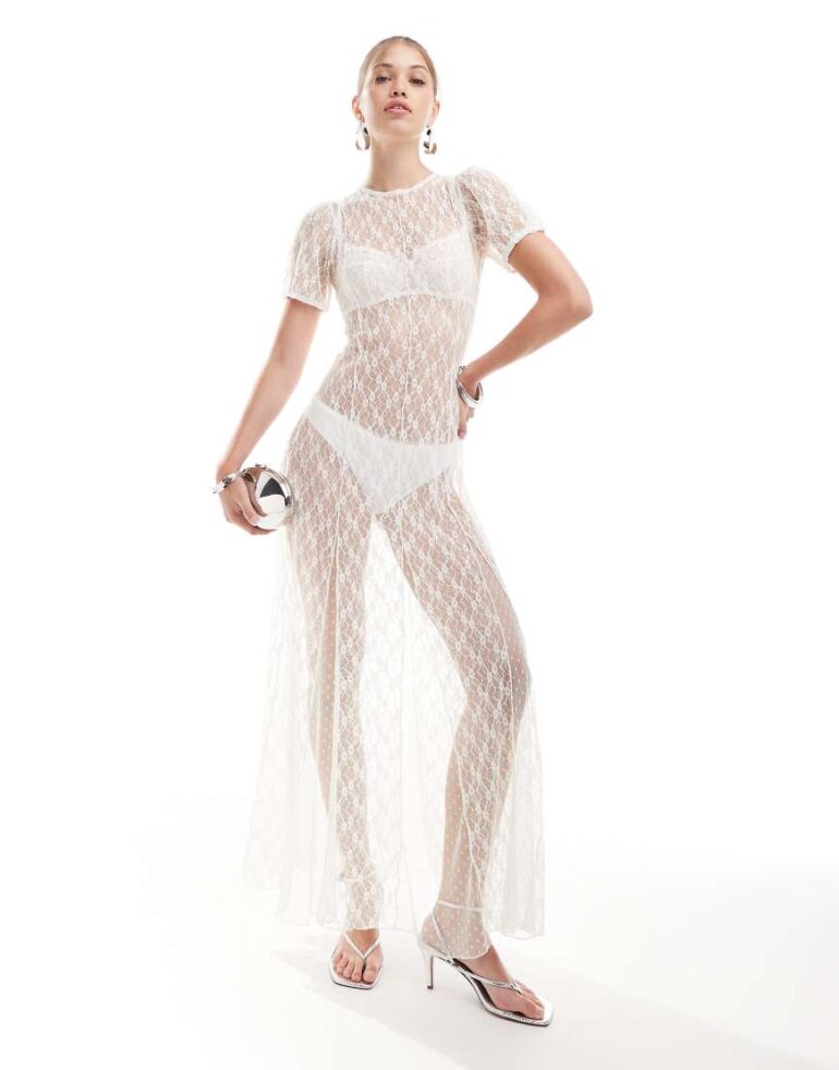 Miss Selfridge festival sheer lace maxi dress with godets in ivory-White