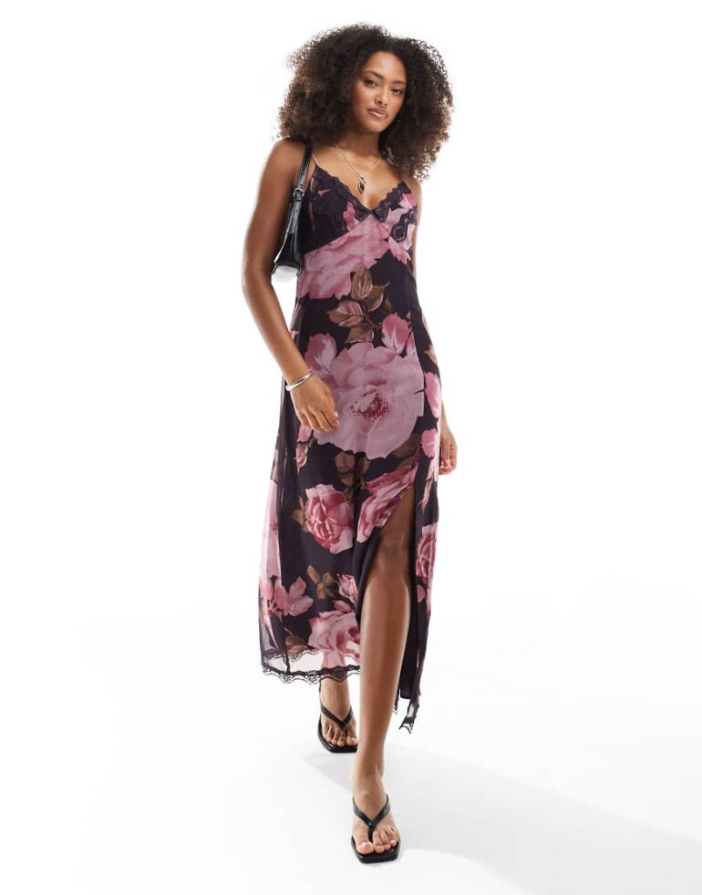Miss Selfridge lace trim midi slip dress in oversized floral print-Multi