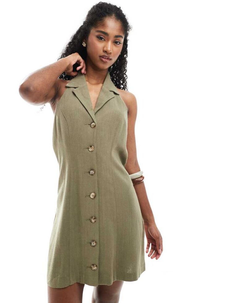 Miss Selfridge linen blend collared halter mini dress khaki-Green