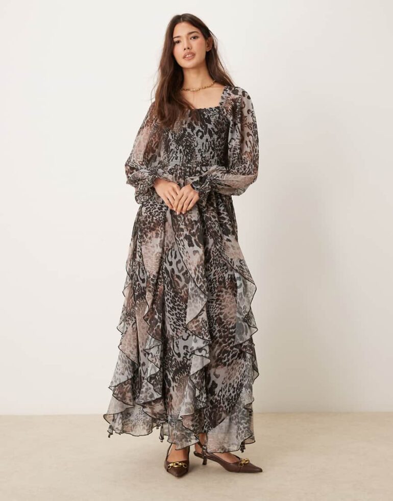 Miss Selfridge ruffle hem maxi dress in animal print-Multi