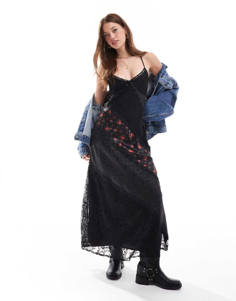 Miss Selfridge satin jacquard lace mix maxi slip dress in rose print-Black